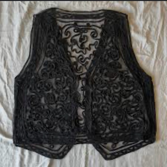 Vintage Large Jasmi Black Lace Button Up Party Vest - Picture 10 of 11